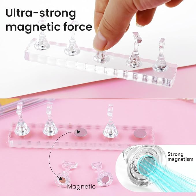 Nail Stand For Press On Acrylic Strong Magnetic Nail Holder Kit For Painting Nails Tip Arts Display With 200PCS Double-Sided Tape And 1 Heart Shaped Acrylic Magnetic Presson Stands Nail Art Supplies