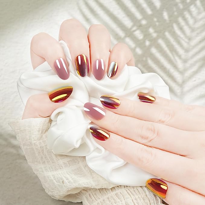 Short Oval Press On Nails Red - Cat Eye Iridescent Nails With Glue Reflective Look, Designed For Women And Teens, For Weddings, Proms, Birthdays, And Date Nights, 24 Nails In 12 Sizes
