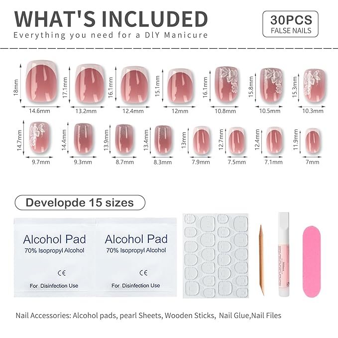 Short Square Press On Nails White Nude Gradient False Nails with White Silver Flowers Acrylic Press in Nails Gel Stick On Nails Set Glue on Nail for Women & Girls 24Pcs