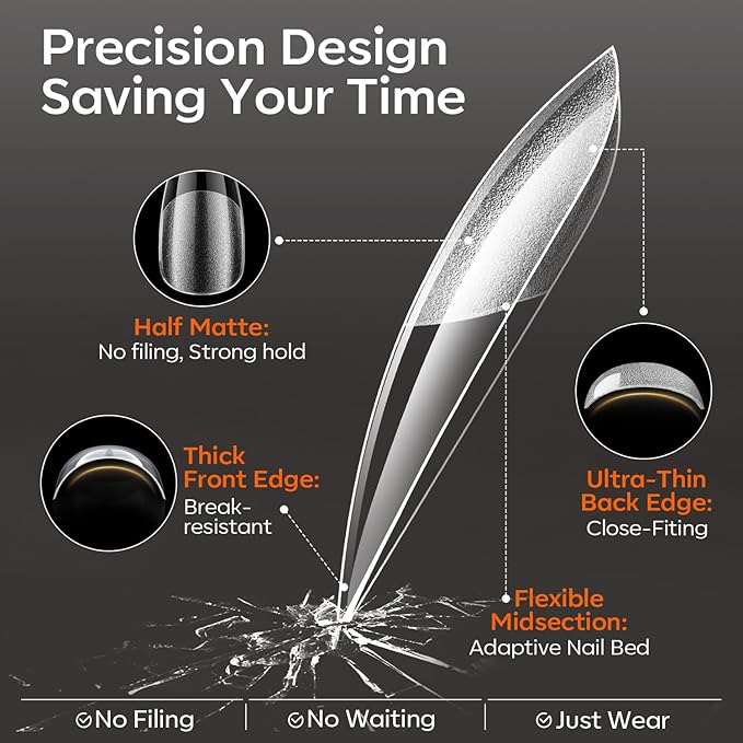 modelones Medium Stiletto Gel Nail Tips, 360pcs Pre-etched Clear Fake Nails Press On Full Cover Half Matte 15 Sizes Acrylic Gel Tips for Extension Salon