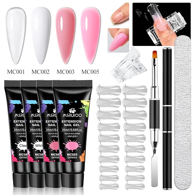 8 PCS Poly Nail Gel Starter Kit Poly Clear White Pink Nail Extension Set Builder Nail Gel French Manicure DIY Design Nail Art Design Beginner All In One Poly Nail Kits