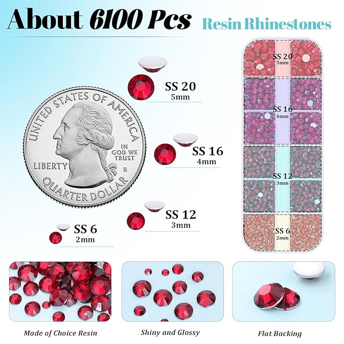 6100Pcs Resin Rhinestones for Crafting with 2Pcs 10ml B7000 Jewelry Glue, 1 Box Flatback Crystals Diamond (Dark Red) for Bedazzling Crafts DIY Nail Art，Non Hotfix Gems for Clothing Shoes Tumblers