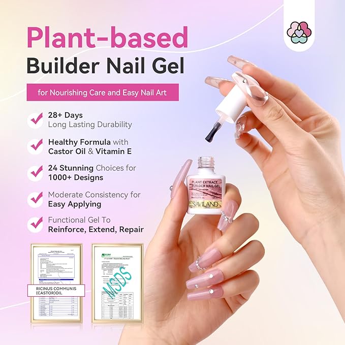 SAVILAND Builder Nail Gel 24 Colors: Castor Oil & Vitamin E Builder in a Bottle Translucent Color Hard Gel for Nails Strengthener Extension Care Repair Home Salon Professionals