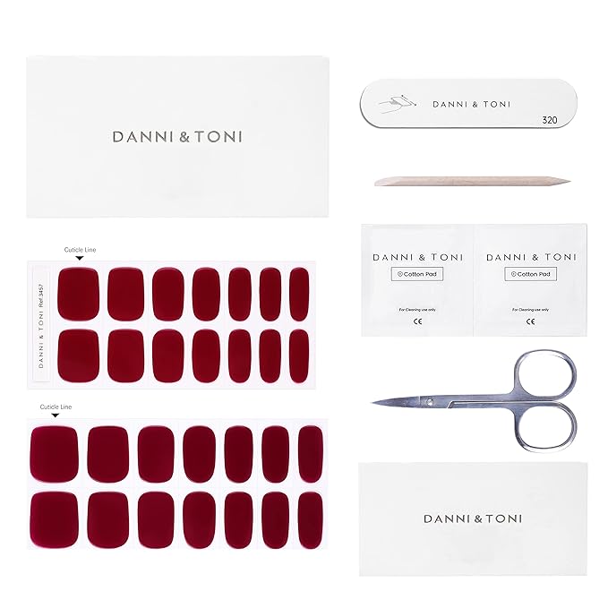 DANNI & TONI Semi-Cured Gel Nail Strips, Sultry Cinders, Deep Red, 28 Stickers
