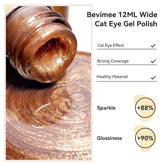 Cat Eye Gel Nail Polish, Brown Magnetic Gel Polish, Glitter Holographic Nail With Magnet Shimmer Cateye Effect Art Manicure Salon DIY Home, 12ML