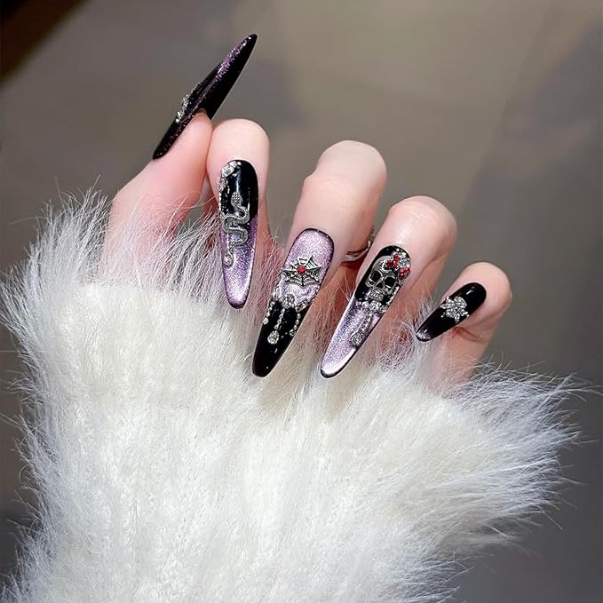 Halloween Nail Charms,32pcs Ghost Head Skull Hand Spider Web Nail Gems with Rhinestones,Retro Skeleton Spider Cross Gold Silver Alloy Nail Art Decorations for DIY Halloween Nail Design (Mixed C)