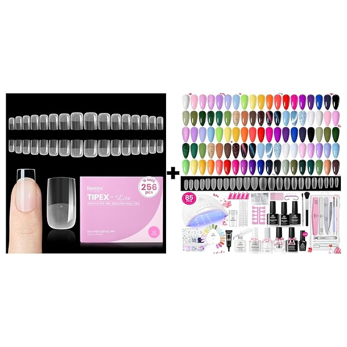 Beetles Tipex Lite Apex Nail Tips, Square Short, 256pcs 16 Sizes with 85 Pcs Gel Nail Polish Kit - 35 Colors Gel Polish Set Travel Diary All in