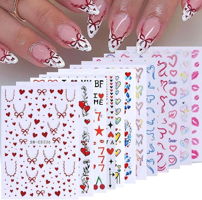 Valentines Nail Art Stickers Decals 12PCS Romantic Heart Bow Nail Decals 3D Self Adhesive Red Pink Colorful Cherry Lips Line Nail Art Design Valentine Manicure Decoration Sticker for Women