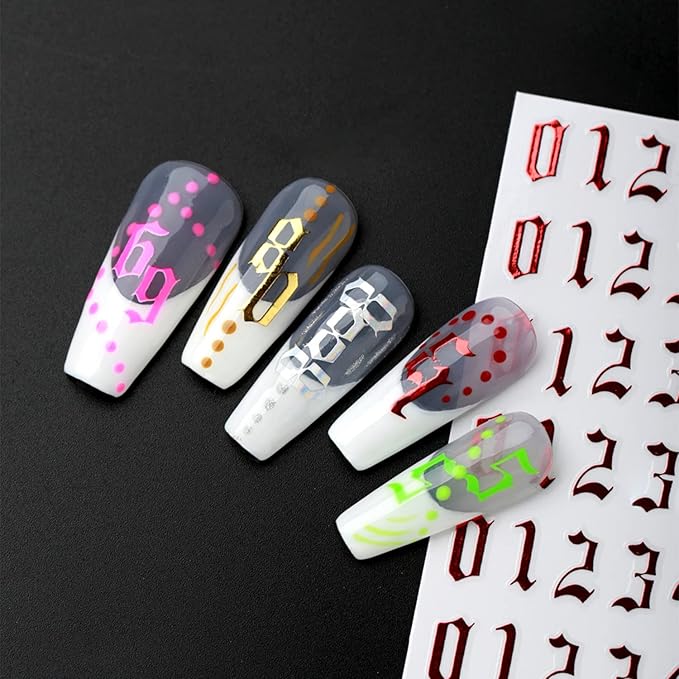 12 Color Nail Art Stickers, 3D Number 0-9 Self-Adhesive Sticker Design, Laser Gold Silver Red Black White Pink Yellow Green Nail Transfer Decals for Women Manicure Decorations