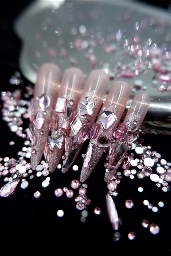 Light Pink Nail Rhinestones, 5380Pcs Flatback Glass Charms Gems Stones, 24 Grids 19 Types of Shaped Nail Art Rhinestones Kit with Tweezers, 6 Sizes for Decoration Face