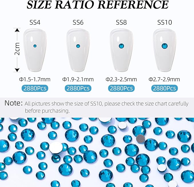 Malachite Blue Flatback Rhinestones, Glass Rhinestones for Nail Art and Craft, Glue Fix, Loose Crystal Gemstones(Malachite Blue, SS10, 2880pcs, 2.7-2.8mm)