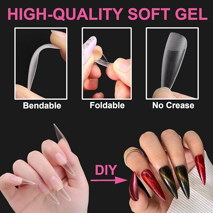 2 Shapes Soft Gel Nail Tips Long Stiletto Oval Full Cover Acrylic Nails Kit, Pre-buff Inside & Full Matte Surface, for Nail Extensions DIY Art Beginners/Professionals Salon, Easy Soak Off, BlueZOO