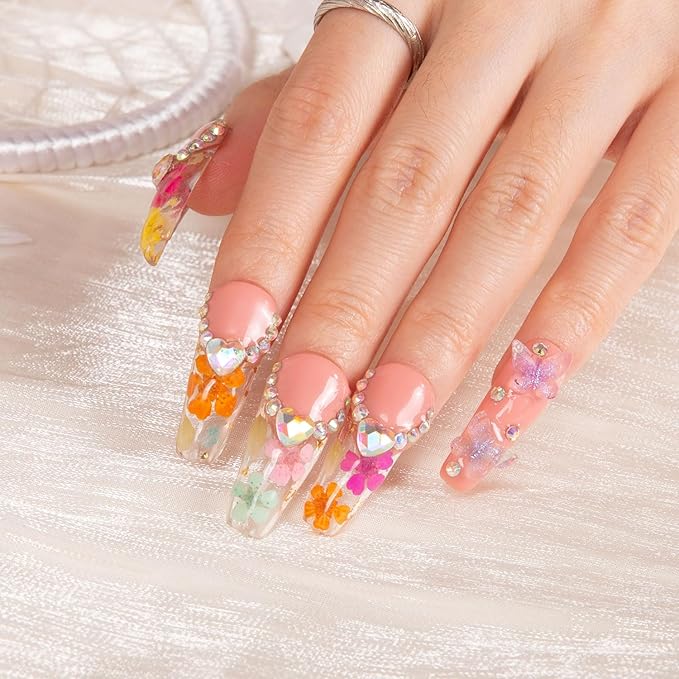 LOVFUL Press on Nails Flora | Handmade with Full Covered Crystals | Reusable Full Cover Nails | Coffin Classic Regular 1.3 in | H176-L