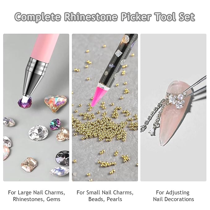7PCS Rhinestone Picker Tool Kit, Refillable Wax Pencil with 2 Refills, Diamond Gem Picker Pen Applicator, Tweezers & Sorting Tray for Nail Art, Nail Charms & DIY Manicure Supplies