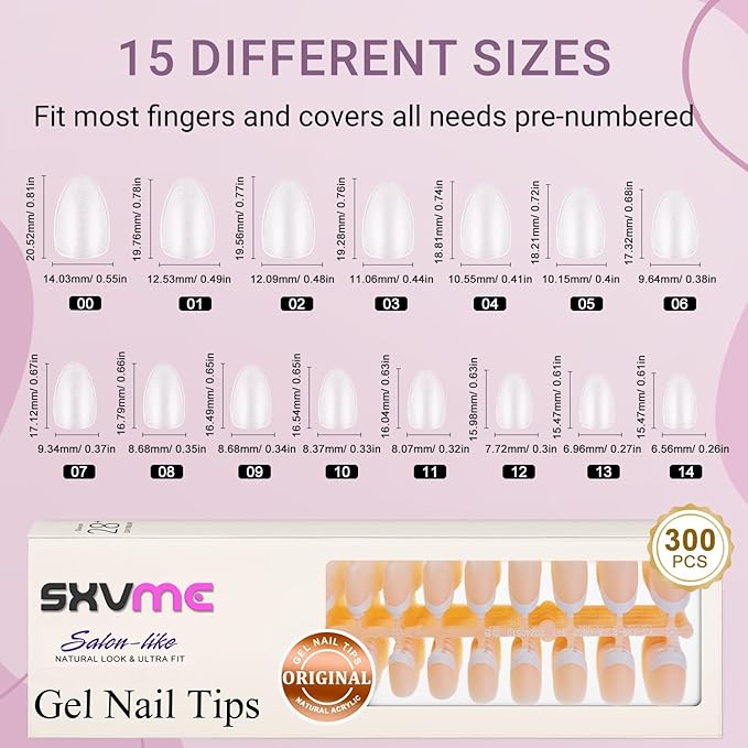 Gel French Tip Nails Short Almond French Tip Press on Nails SXVME White French Nail Tips 300Pcs Pre-applied Tip Primer Natural Nude Fake Nails Extensions Gel Nail Kit for Women Girls DIY