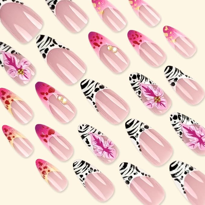 Almond Press on Nails Medium Fake Nails French False Nails Leopard Artificial Nails with 3D Flowers Designs Cute Handmade Nails Flowers Stick on Nails for Women 24pcs