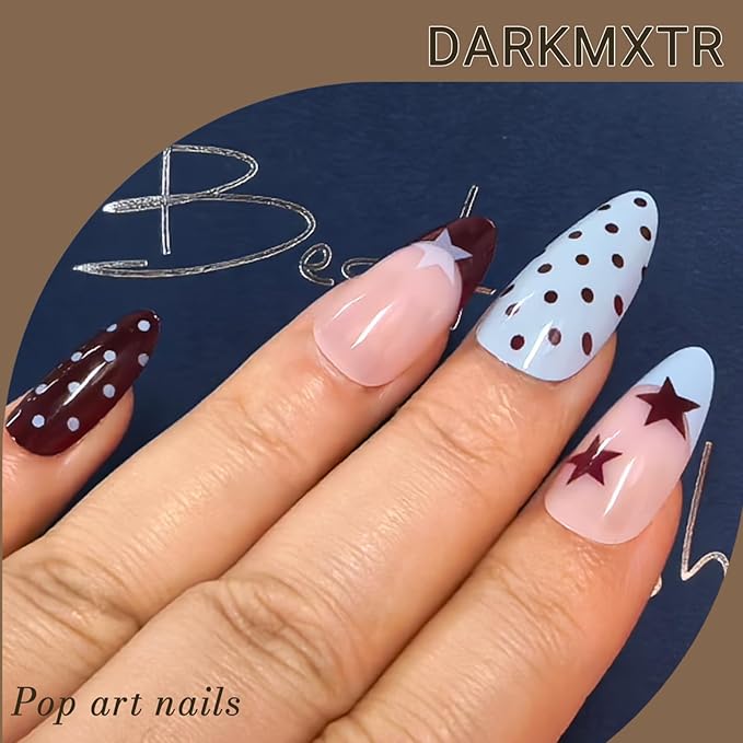 Short Almond Press On Nails - Red White Polka Dot Pop Art Design,Easy Application Manicure Set for Work, Party & Daily Use, Perfect for Women and Students