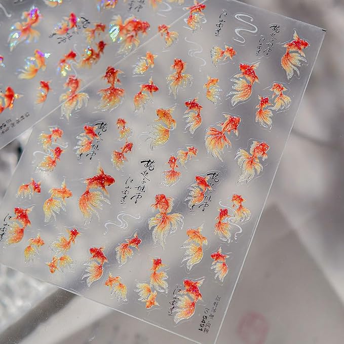 Goldfish Nail Stickers for Nail Art 5D Embossed Koi Fish Nail Art Stickers Koi Nail Decals Chinese Style Summer Nail Supplies Design for Women Girls DIY Nail Art Decorations