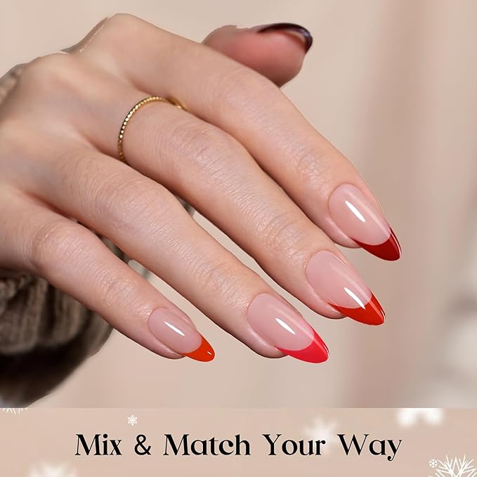 Beetles X Press Red French Tip Nails - Fierce French | 5 Colors Valentines Press On Nails Medium Almond | 16 Sizes 160 Pcs Natural Salon Quality