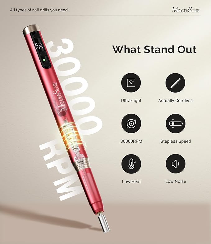 MelodySusie Pen-Shaped Ultra-Slim Cordless Nail Drill, PM170F 30000RPM Portable Rechargeable Electric File with LED Display for All Manicure, Nail Care, Shaping & Gel Removal for Advanced Home Use