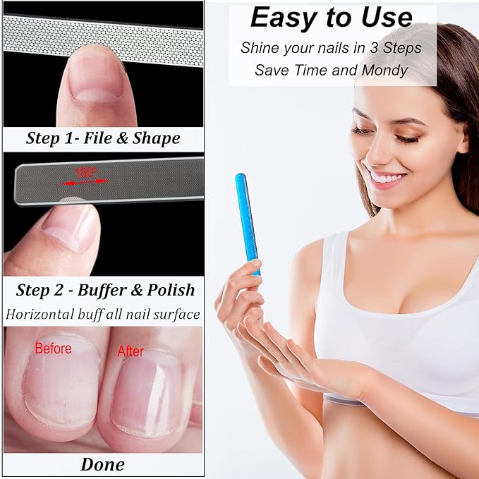 Diamond Nail File with Crystal Nail Shiner Set, Stainless Steel Nail File with Nano Glass Buffer, Metal Sapphire File with Nail Polisher, Professional Manicure Pedicure Kit for Salon Home and Travel