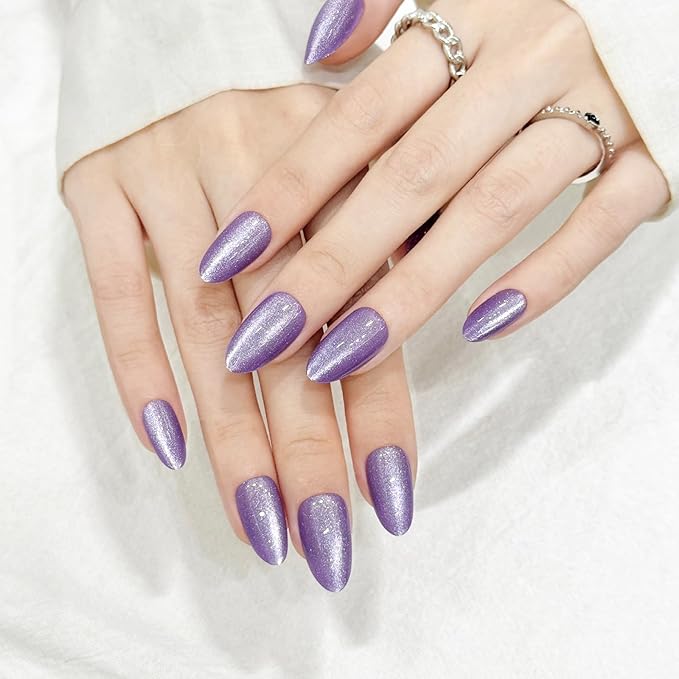 Purple Almond Cat Eyes Press On Nails,12 Sizes - 24 Pcs Soft Gel Grape Purple Medium Fake Nails Kit with Nail Glue, Natural Reusable Stick On False Nails for Women and Girls SK1025