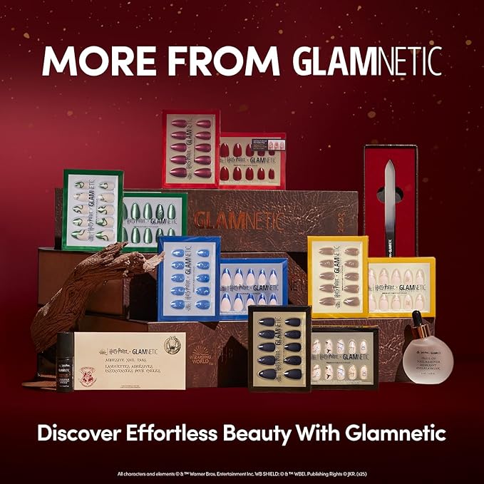 Harry Potter™ x Glamnetic Press On Nails - Golden Cup™ | Semi-Transparent Brown 3D Gold Graphic Short Almond Nails in a Chrome & Glossy Finish | 15 Sizes - 30 Nail Kit with Glue