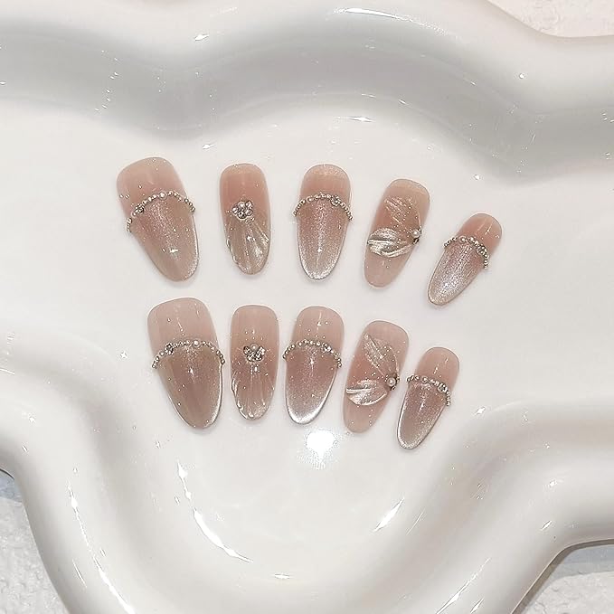 Mermaid Cat Eye Press on Nails 10Pcs Kit,Medium Almond Nude Pink Fake Nails with 3D Wave Shell, Chain Rhinestone French Tips Spring Summer False Nails,Handmade Glue on Nails Luxury Design(M)