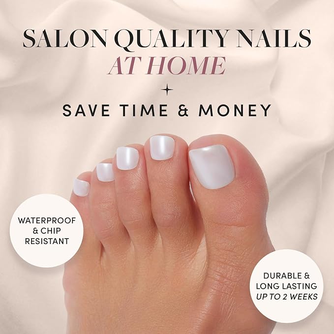 Glamnetic Press On Toenails - Hailey | Soft Pearl White Fake Toe Nails with a Glossy Finish | 16 Sizes - 32 Toe Nail Kit with Glue