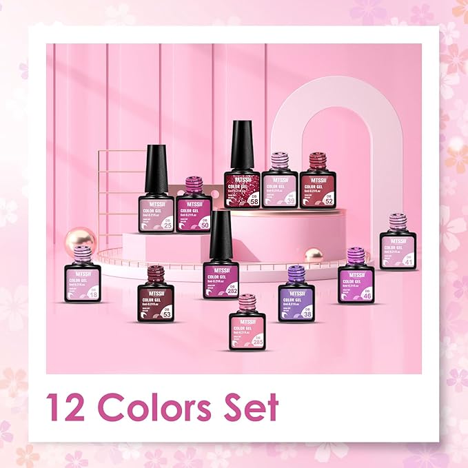 MTSSII Gel Nail Polish Set: 12 Pcs Hot Pink, Rose, Red Gel Polish Kit with Soft Pink Glitter - Valentines' Day Gifts for Women, Soak Off UV Nail Lamp Manicure Kit