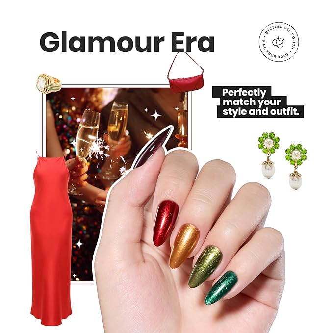 Beetles Valentines Nail Polish Set - Glamour Era 6 Colors Quick Dry Glitter Burgundy Red Gold Green Yellow High-Gloss Long-Lasting Nail Polish for Winter DIY At-Home Manicure Gift for Women