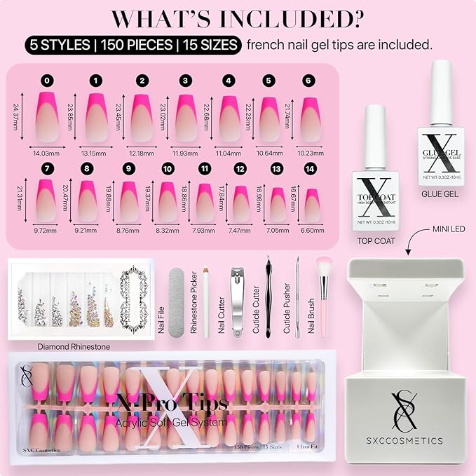 SXC Cosmetics X-Pro Tips French Tip Press On Nails - Bright Pastel Glow in the Dark Series (GLOW120KIT-M Coffin)