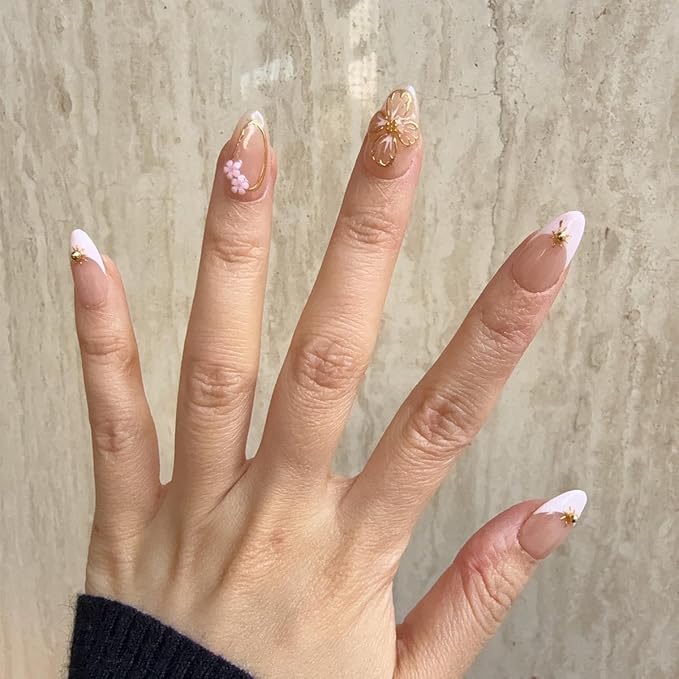 10 Short Almond Handmade Press On Nails | Nude & Blush Ombre Design with 3D Floral & Gold Accents | Salon-Quality, Easy Apply/Remove, Reusable & Long-Lasting (251214, XS)