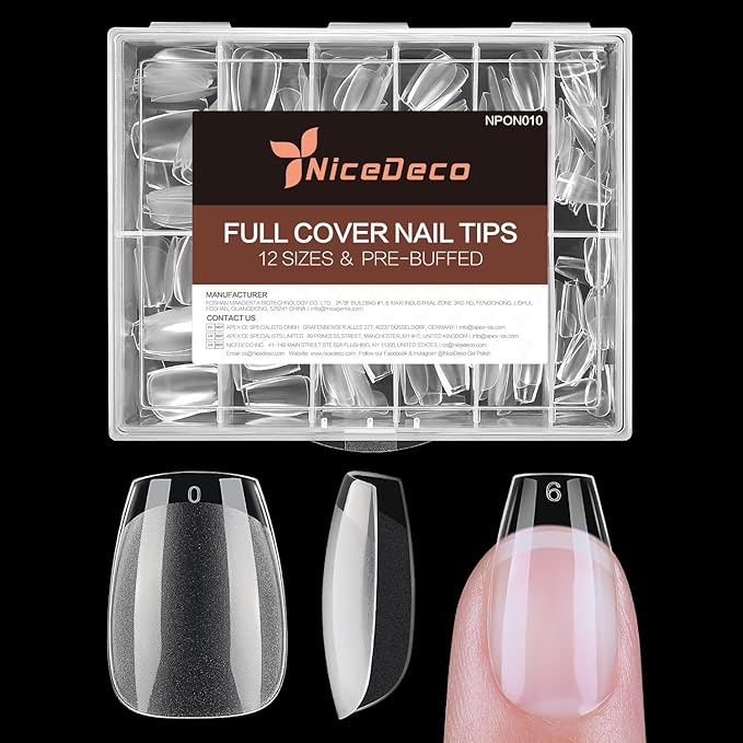 Nicedeco Coffin Nails Tips 216pcs Soft Gel Nail Tips Full Cover False Nails Pre-shaped Clear Acrylic Press on Nails 12 Sizes - 010