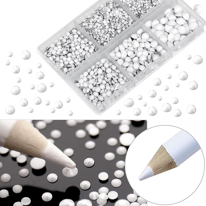 AD Beads 4300 Pieces Flat Back Nail Art Rhinestones Round Beads 6 Sizes (2-6.5mm) with Storage Organizer Box,Rhinestones Picking Pen for Nail Art Phone Decorations Crafts DIY (Chalk White)