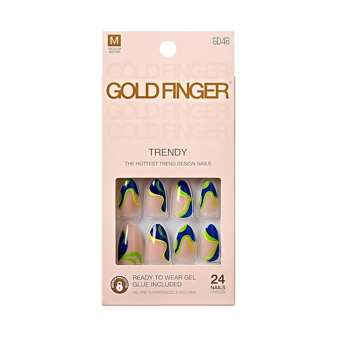 GoldFinger 24 Pcs Press On Nails, Medium Almond Fake Nails, Abstract Neon Gel Stick On Extensions, Reusable Full Cover False Nail Kit with Glue, Manicure Stick & File, 7 Day Long Lasting Wear