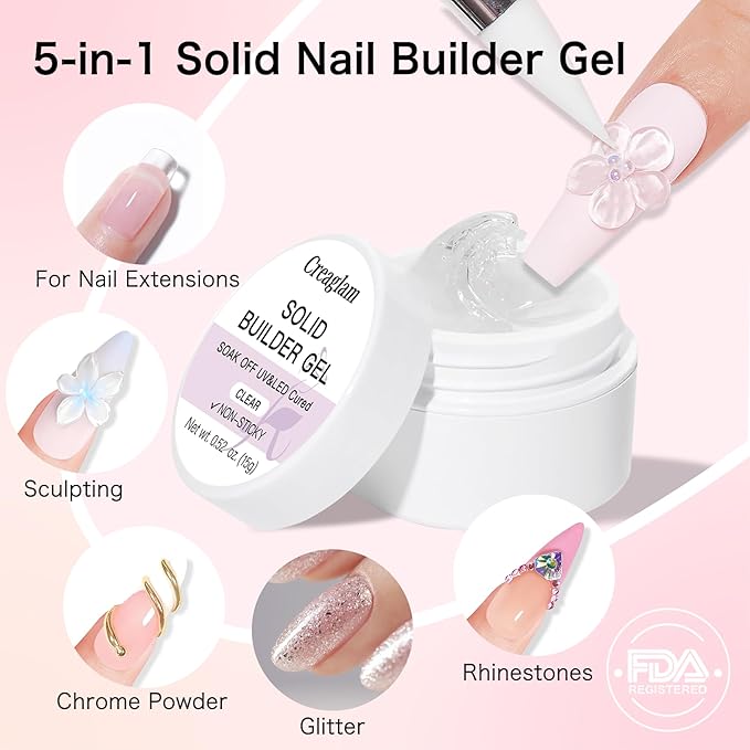 Solid Builder Nail Gel for 3D Sculpting, Nail Extension & Art, Perfect for Chrome Powder, Glitter and Rhinestones - 15g Jar for DIY Home Salon Use
