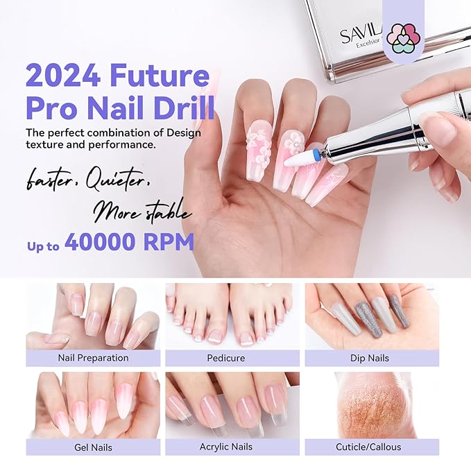 SAVILAND Professional Electric Nail Drill : 40000RPM Portable Nail Drill Kit E File with Drill Bits Rechargeable 6000mAh for Acrylic Gel Nails for Salon Home, Y2K