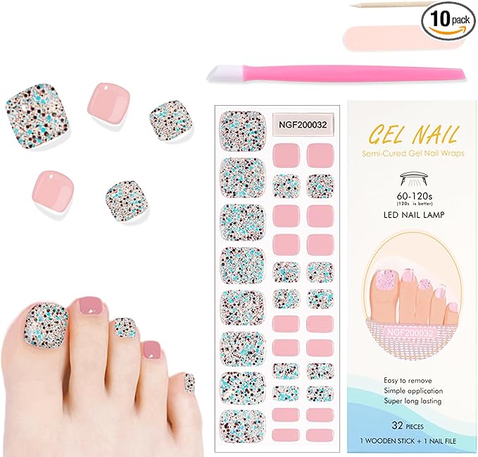 WOKOTO Semi Cured Gel Nail Strips For Toenails, 16 Size 32 Tips Pink & Iridescent Glitter design Toe Nail Polish Strips With Nail File & Wooden Stick, Works With Lamps, Salon-Quality, Long Lasting