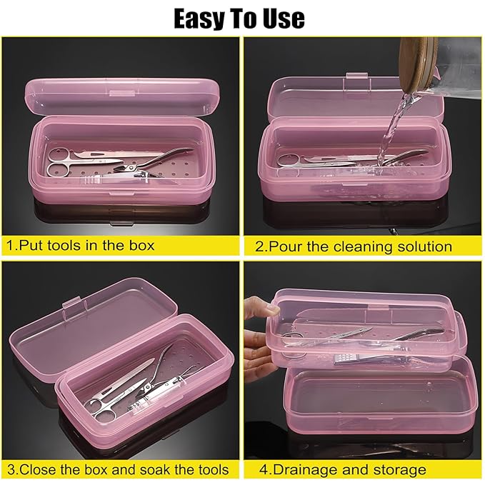 JUXYES Plastic Sterilizing Tray for Nail Art Accessories Tools, Portable Nail Art Tool Sterilizer Tray with Strainer, Fully Transparent Storage Box Organizer for Tweezer, Manicure Tools