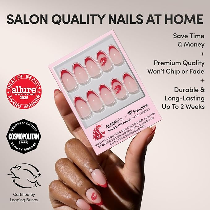Glamnetic x Fanatics Press On Nails - Washington State Cougars | Short Almond Fake Nails, Collegiate Cougars Crimson French Tips, College Nails, Salon-Quality | 15 Sizes - 30 Nail Kit with Glue