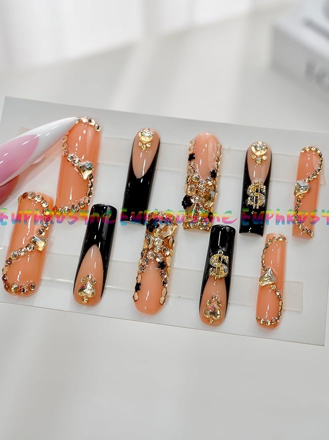 10PCS Black and Orange Press On Nails – Long Coffin Fake Nails with Rhinestones, Gold Stud Strips & Glitter Chains, Glossy Reusable Luxury Nails for Women and Girls – Euphrosyne