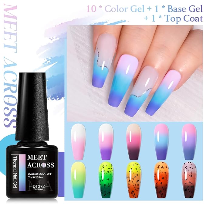 MEET ACROSS 12PCS Color Changing Gel Nail Polish Set Glitter Temperature Mood Changing Color Changed Gel Soak Off Nail Art Design Kit Manicure at Home Special Gifts for Women Girls