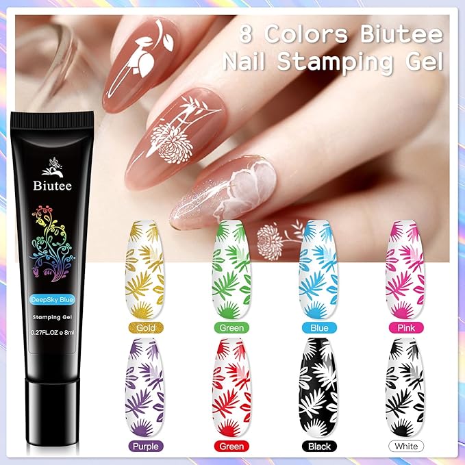 Biutee Nail Stamper Kit 12Pcs Nail Art Stamping Plate 8 Colors Stamp Polish Gel with Top Coat and Base Coat Set Silicone Stamper Scraper, Nail Stamp Plates Love Flower Butterfly Leaf Holiday Design
