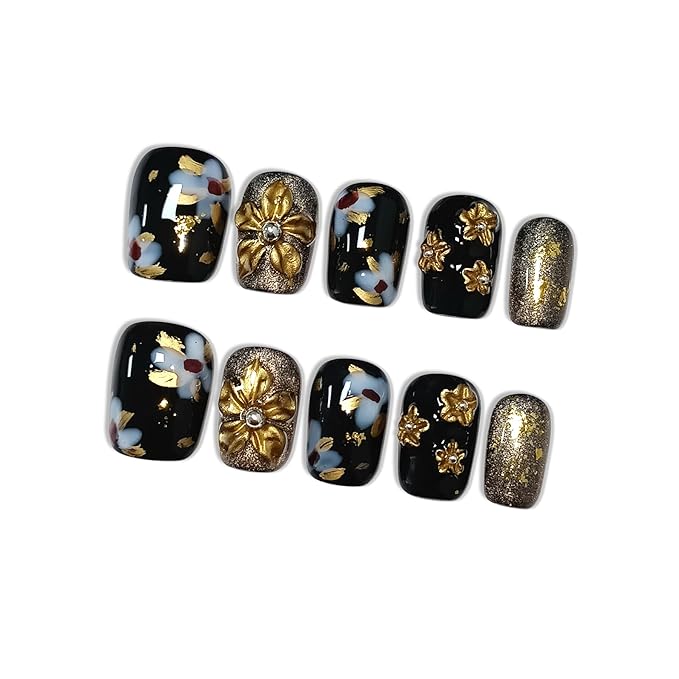 Black Press on Nails with Handmade 3D Gold Flowers & Gold Lines - Short Square Glossy Luxury Fake Nails, Reusable Elegant Vintage False Nails for Women Fall Winter Party Evening Gala, Size S