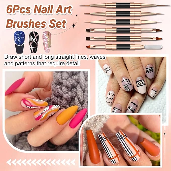Double-Ended Acrylic Nail Art Liner Brushes, 6Pcs Gel Polish Nail Art Design Pen Painting Tools Set For Nails, Dotting Drawing Tool Polygel Brush for Long Lines, Thin Details, Fine Drawing (Black)