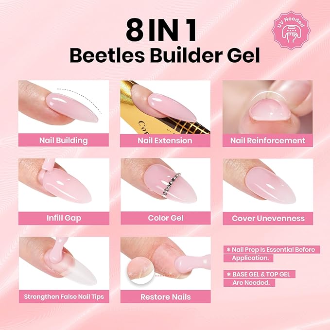 Beetles Builder Gel for Nails-Nail Thickening Strengthening Building Apex for Beginner DIY Salon at Home, Clear Builder Nail Gel, UV & LED Lamp Cured Needed