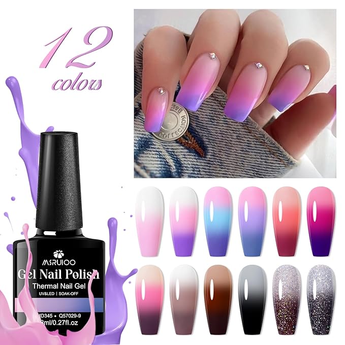 12Pcs Color Changing Gel Nail Polish Set Pink Purple Glitter Brown Mood Temperature Change Nail Polish Gel Set Soak Off Nail Art Gel DIY Salon Manicure Gift