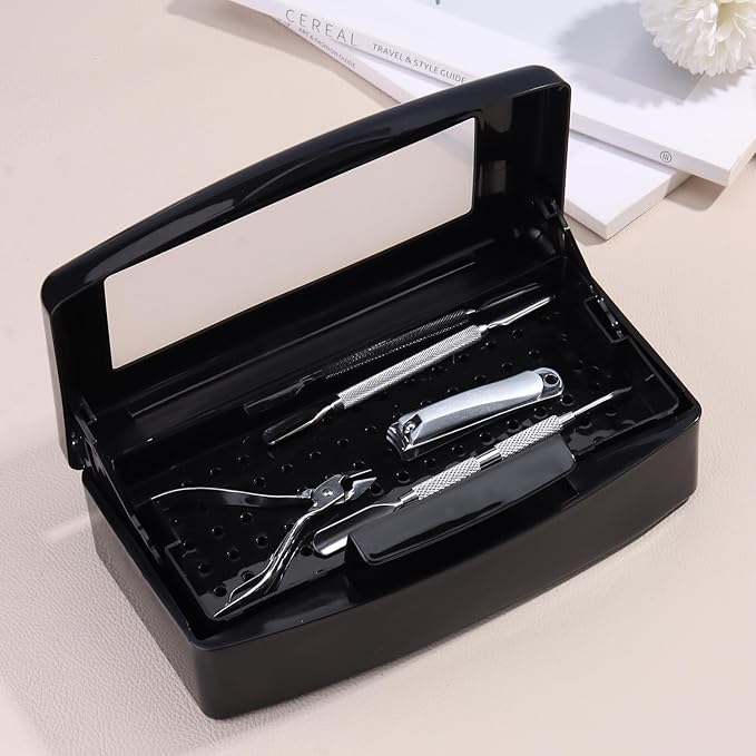 Nail Tool Sterilizer Box Plastic Disinfectant Container for Nail Art Accessories Tools, Hair Salons and Beauty Centers, Sterilizer Soaking Box with Strainer Pedicure Manicure Equipment, Black