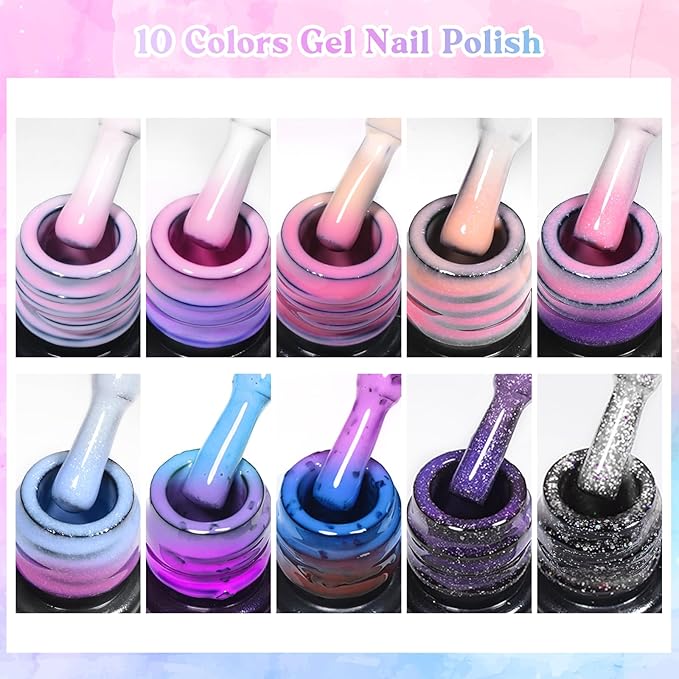 MEET ACROSS 12PCS Thermal Nail Gel Polish Kit, Temperature Shiny Color Changing Gel Polish Set, Soak Off UV Sequins Mood Changing Gel Polish Nail Art DIY Salon Manicure Gifts